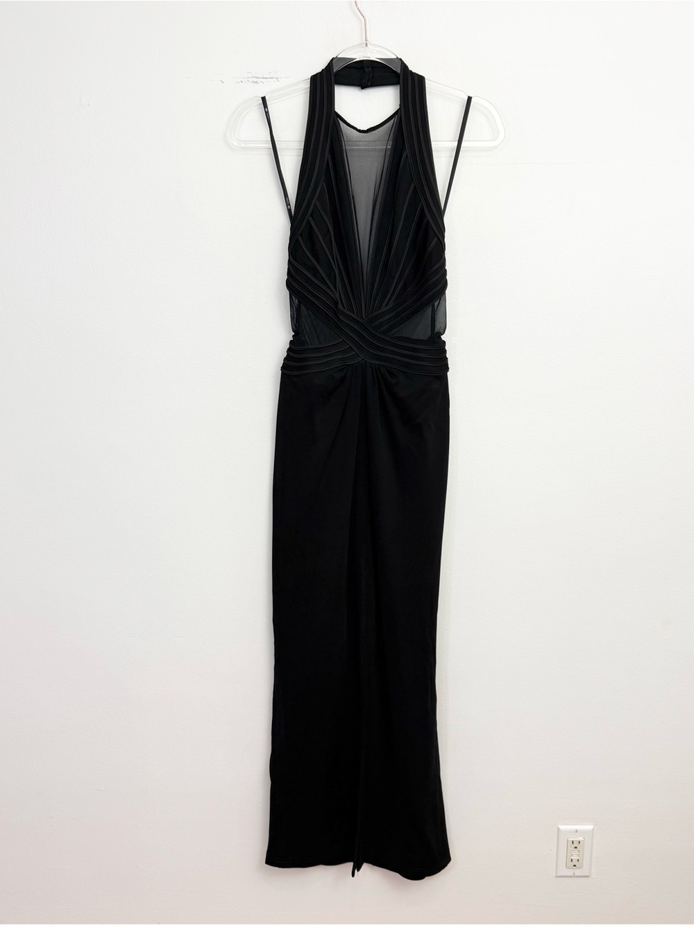 Vintage Tadashi Black Mesh Illusion Halter Gown XS